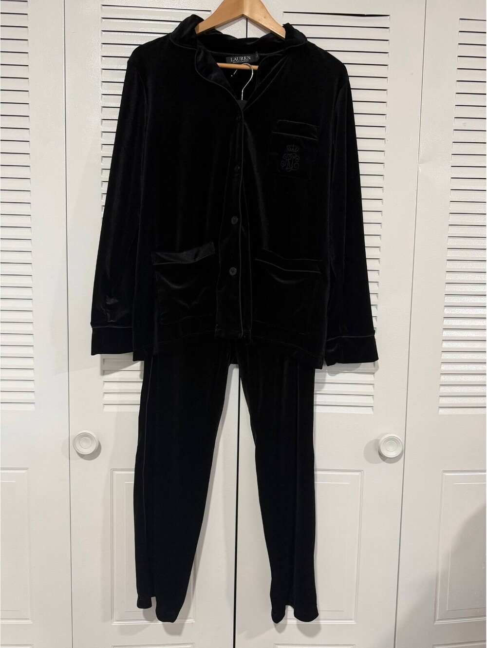 Lauren Ralph Lauren 2X Black Velvet Pajama Set LRL Monogram Velour 2 Piece